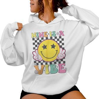 Nine Is A Vibe 9Th Birthday Groovy Smile Face 9 Years Old Women Hoodie - Thegiftio UK