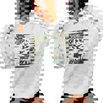 Youth Camo Mallard Duck Hunting Dog Camouflage American Flag Women Hoodie - Monsterry