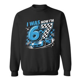 Blue Checkered Car Race I Was 6 Now I'm 7 Birthday Boy Bday Sweatshirt - Thegiftio