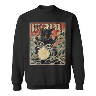 Cat Playing Drums Rock On Vintage Rock Drummer Cat Sweatshirt | Mazezy
