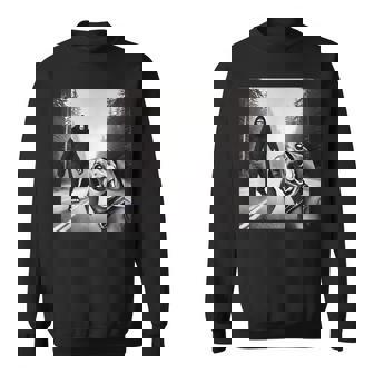 Comical Dachshund Encounters Mythical Creatures Bigfoot And Dachshund On Road Black Small Short Sleeve Sweatshirt | Mazezy