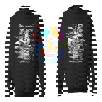 Cute Anime Kawaii Cat Apparel Co Japanese Cat Cat Eating Ramen Vintage Japanese Noodles -Adult Black Small Sweatshirt | Mazezy