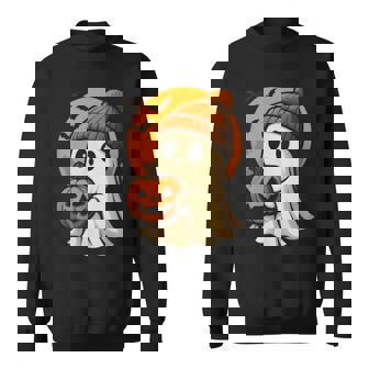 Cute Ghost With Pumpkin For Halloween Costume Party Spooky Sweatshirt | Mazezy