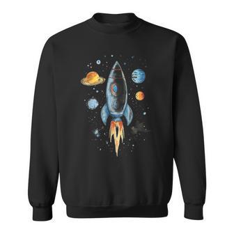 Distressed Rocket Ship And Planets Sweatshirt - Monsterry