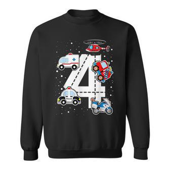 Emergency Vehicles 4Th Birthday Fire Truck Police Car Boys Sweatshirt - Thegiftio UK