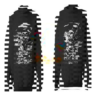 Grim Reaper Riding Unicorn Skeleton Skull Death Halloween Sweatshirt | Mazezy