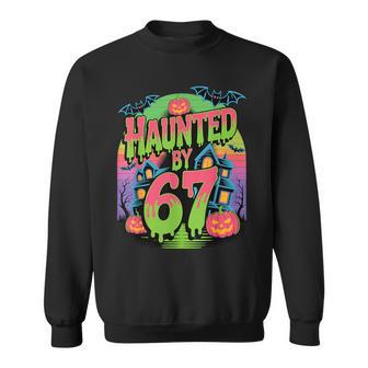 Haunted By 67 Haunted House Pumpkins & Bats Spooky Halloween Sweatshirt - Thegiftio UK