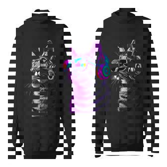 Headphones Cat Techno Edm Music Lover Rave Disco Party Cats Sweatshirt | Mazezy
