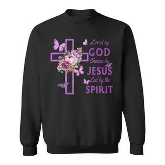 Loved By God Chosen By Jesus Purple Cross And Butterflies Sweatshirt - Thegiftio UK