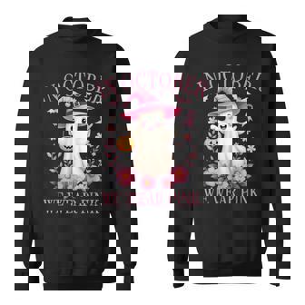 In October We Wear Pink Breast Cancer Awareness Halloween Sweatshirt | Mazezy