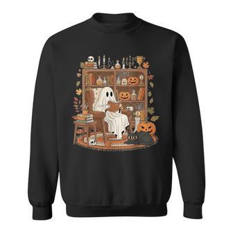 Retro Cozy Ghost Reading Bookish Librarian Halloween Sweatshirt - Thegiftio UK
