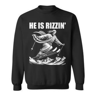 Ski Skiing Jesus Christ Skiis Rizzin' Snow Christian Jump Sweatshirt - Monsterry