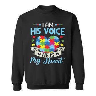 I Am His Voice He Is My Heart Autism Awareness Puzzle Piece Sweatshirt - Thegiftio UK