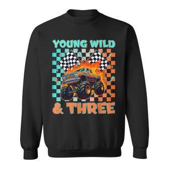 Young Wild Three Monster Truck Birthday 3Rd Racing Boys Sweatshirt | Seseable FR