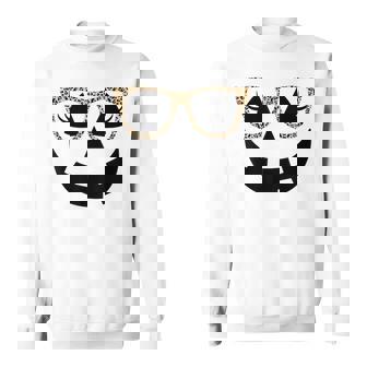 Jack O Lantern Face Pumpkin Hallowen Leopard Glasses Sweatshirt - Monsterry