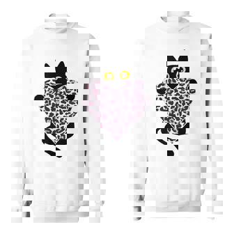 ピンクのヒョウ柄ハートを持つ黒猫 スウェットシャツ - Kawaiitshirt