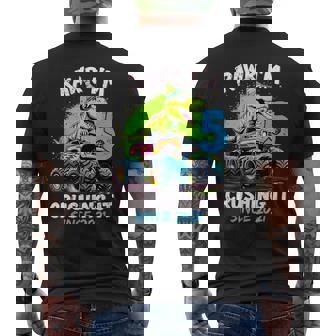 5Th Birthday Monster Truck Dinosaur 5 Year Old Boy Born 2021 Men's T-shirt Back Print - Monsterry