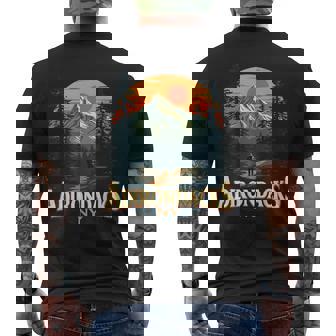 Adirondacks Hiking Mountain Enthusiasts Apparel Black Small Modern V-Neck Short Sleeve Cotton Blend Nature Hiking Men's T-shirt Back Print - Monsterry