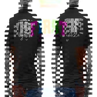 Back To School Neon Checkered First Grade Colorful Teacher Men's Back Print T-Shirt | Mazezy