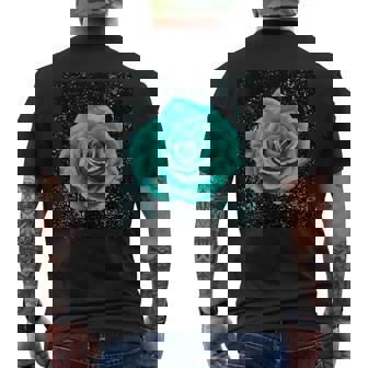 Botanical Rose In Turquoise Shade On Black Grunge Background Men's T-shirt Back Print | Mazezy