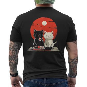 Cute Cartoon Cats Eating Sushi With Japanese Sun Men's T-shirt Back Print - Thegiftio UK