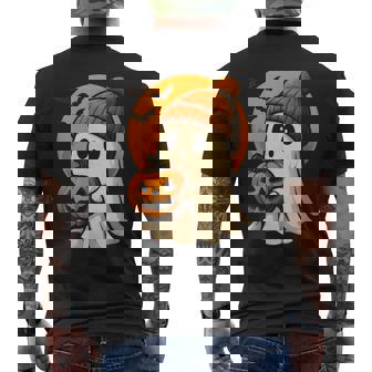 Cute Ghost With Pumpkin For Halloween Costume Party Spooky Men's T-shirt Back Print | Mazezy