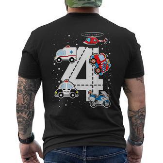 Emergency Vehicles 4Th Birthday Fire Truck Police Car Boys Men's T-shirt Back Print - Thegiftio UK
