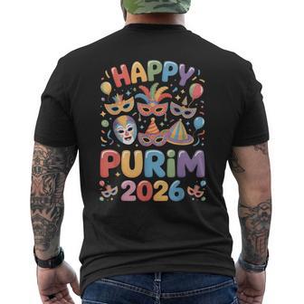 Happy Purim 2026 Festive Masquerade Mask Balloon Party Men's T-shirt Back Print - Monsterry