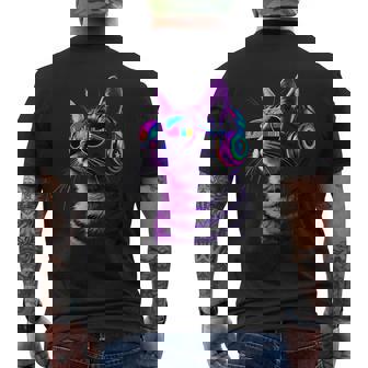 Headphones Cat Techno Edm Music Lover Rave Disco Party Cats Men's T-shirt Back Print | Mazezy