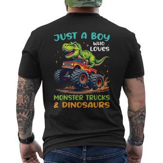 Just A Boy Who Loves Monster Trucks And Dinosaurs T-Rex Men's T-shirt Back Print - Thegiftio UK