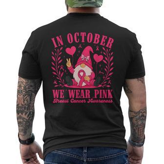 In October We Wear Pink Ribbon Gnome Breast Cancer Women Men's T-shirt Back Print - Thegiftio UK