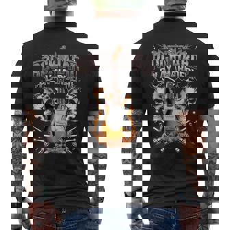 Rock Hard Play Harder Flaming Guitar Skull Art Back Men's Back Print T-Shirt | Mazezy