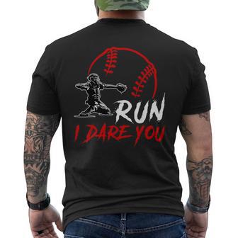 Run Steal I Dare You Humor Baseball Catcher Vintage Men's T-shirt Back Print - Thegiftio UK