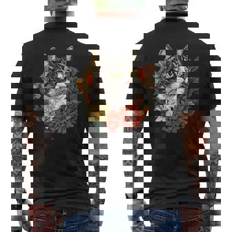 Tabby Cat Surrounded By Colorful Flowers Men's T-shirt Back Print | Mazezy