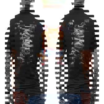 ギャグ ぽっちゃり猫 筋トレ ウエイトリフティング ジム 面白い グラフィック猫ミーム メンズTシャツ バックプリント - Kawaiitshirt