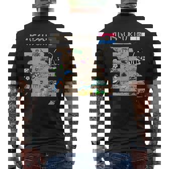 ミズーリ州のランドマーク、主要都市、道路、旗の地図 メンズTシャツ バックプリント - Kawaiitshirt