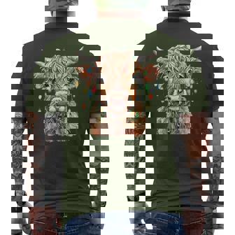Highland Cow Xmas Lights Merry Christmas Pajamas Holiday Men's T-shirt Back Print - Monsterry
