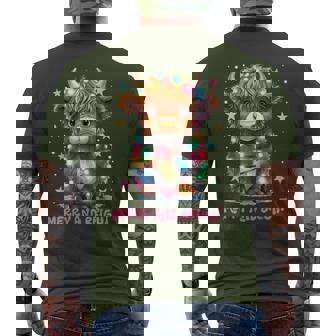 Merry And Bright Cute Highland Cow Christmas Xmas Lights Men's T-shirt Back Print | Mazezy