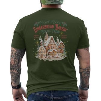 Retro Vintage North Pole Gingerbread Bakery Merry Christmas Men's T-shirt Back Print | Mazezy
