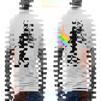 Bigfoot Rock On Proud Gay LGBTQ Progressive New Pride Flag Men's Back Print T-Shirt | Mazezy