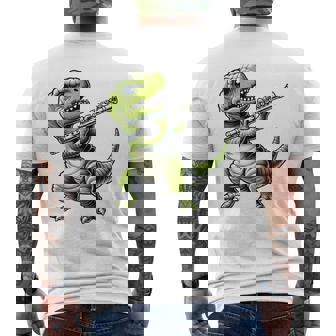 T-Rex Dinosaur Playing Flute Musician Music Premium Men's Back Print T-Shirt | Mazezy