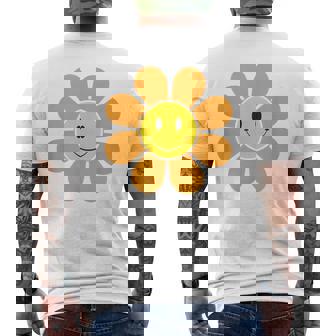 オレンジ70年代レトロファンキーフラワー、イエロースマイルフェイス メンズTシャツ バックプリント - Kawaiitshirt