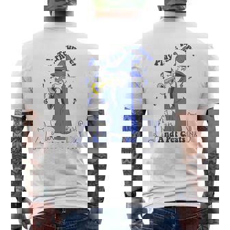 トランペットとペットの猫を弾く メンズTシャツ バックプリント - Kawaiitshirt