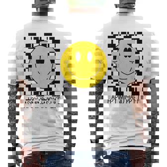 ハッピーマインド ハッピーライフ 70年代 スマイルチェック ハッピースマイルフェイス メンズTシャツ バックプリント - Kawaiitshirt