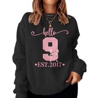 9Th Birthday Girl Coquette Bow Hello 9 Year Old Est 2017 Women Sweatshirt - Thegiftio UK