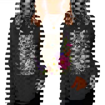 Cat Flower Cute Floral Kitten Women Sweatshirt - Monsterry