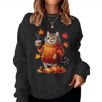 Cozy Cat With Sweater Fall Graphic Women Sweatshirt - Thegiftio