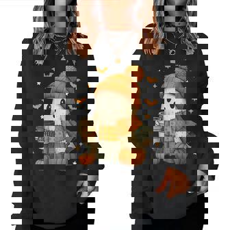 Cute Ghost Drinking Coffee Halloween Patchwork Ghost Women Women Sweatshirt | Seseable FR