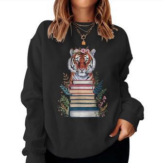 Cute Tiger With Book Floral Bookworm Librarian Book Lover Women Sweatshirt - Thegiftio UK