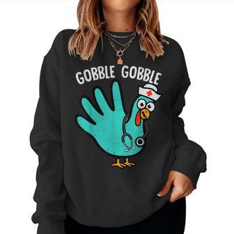 Cute Turkey Glove Nurse Thanksgiving Scrub Top Rn Icu Er Women Sweatshirt - Monsterry
